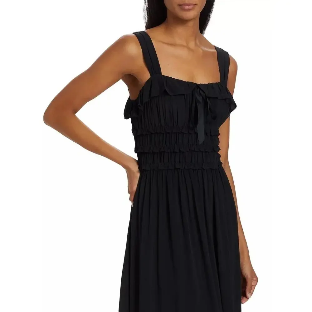 DÔEN Carolynn Crepe Smocked Midi Dress Black - Picture 6 of 15
